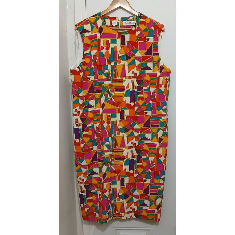 Vintage bill blass womens size 14 geometric silk dress beaded yellow multi